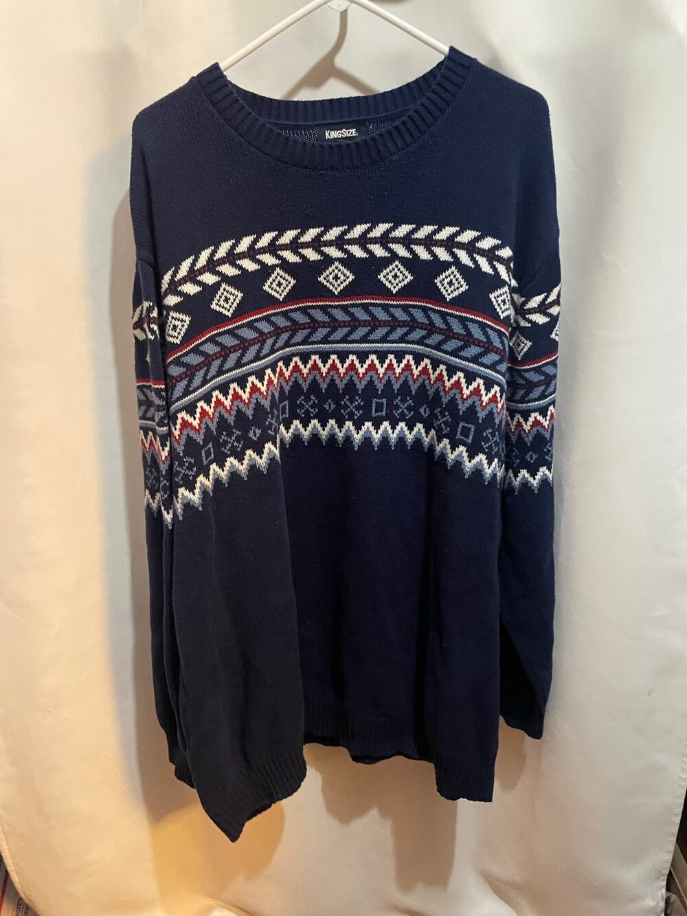 King Size Men Sweater 4xlt Navy Blue Geometric Long Sleeve Crew Neck Casual Warm